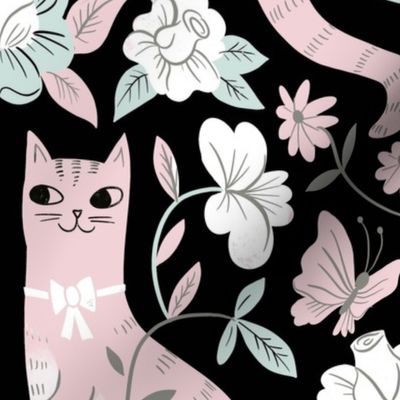 twin cats damask rose on black