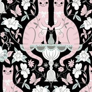 twin cats damask rose on black