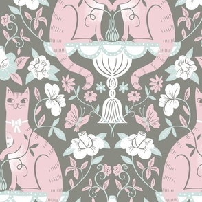 twin cats damask rose on grey