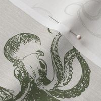 VINTAGE OCTOPUS - DARK ALGAE GREEN ON OFF- WHITE ART PAPER