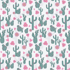 Green cactus, pink flowers and hearts