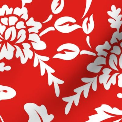 Luxe Maxima- Folk Florals and Birds- White Red- Large Scale