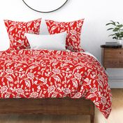 Luxe Maxima- Folk Florals and Birds- White Red- Large Scale