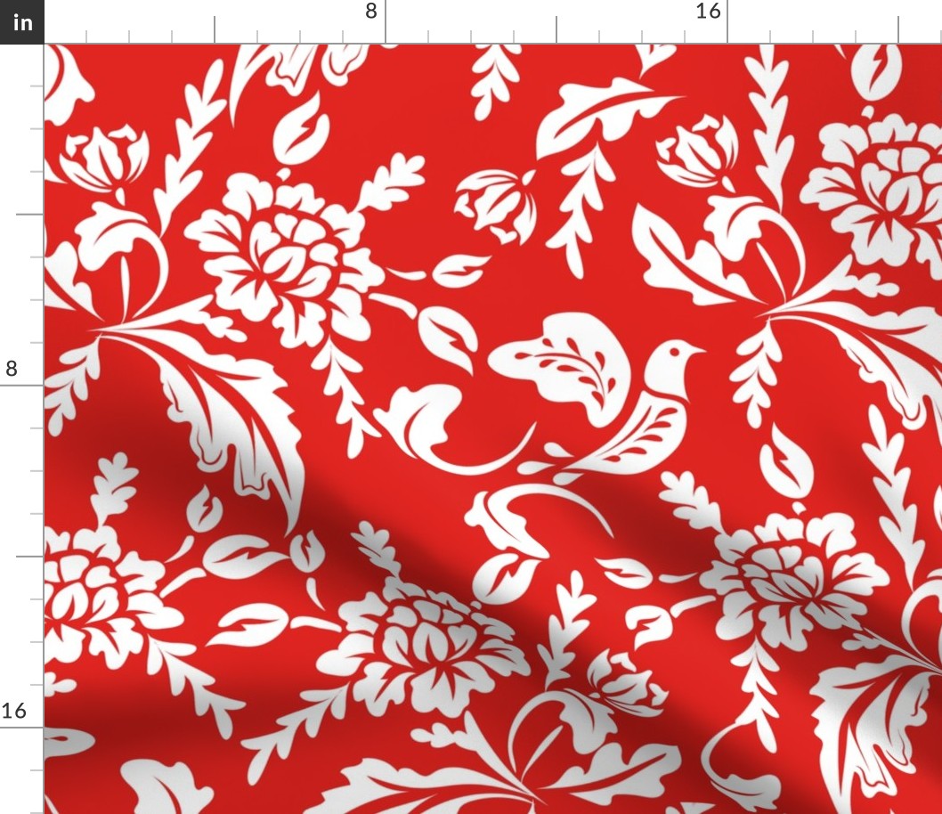 Luxe Maxima- Folk Florals and Birds- White Red- Large Scale