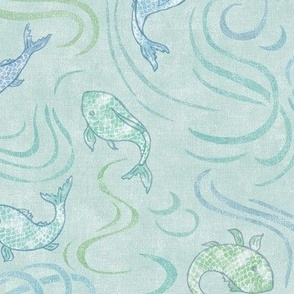 Koi River in Sea Glass | River fish in blue and green, water fabric, river fabric, koi pond, koi fish, zen bathroom decor, water garden.