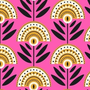 Bold Retro Floral | Medium Scale | Hot Pink  & Yellow Flowers