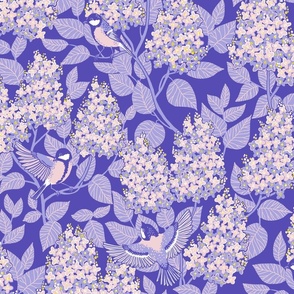 Birds among lilac blossoms - fresh spring evening - violet and pink