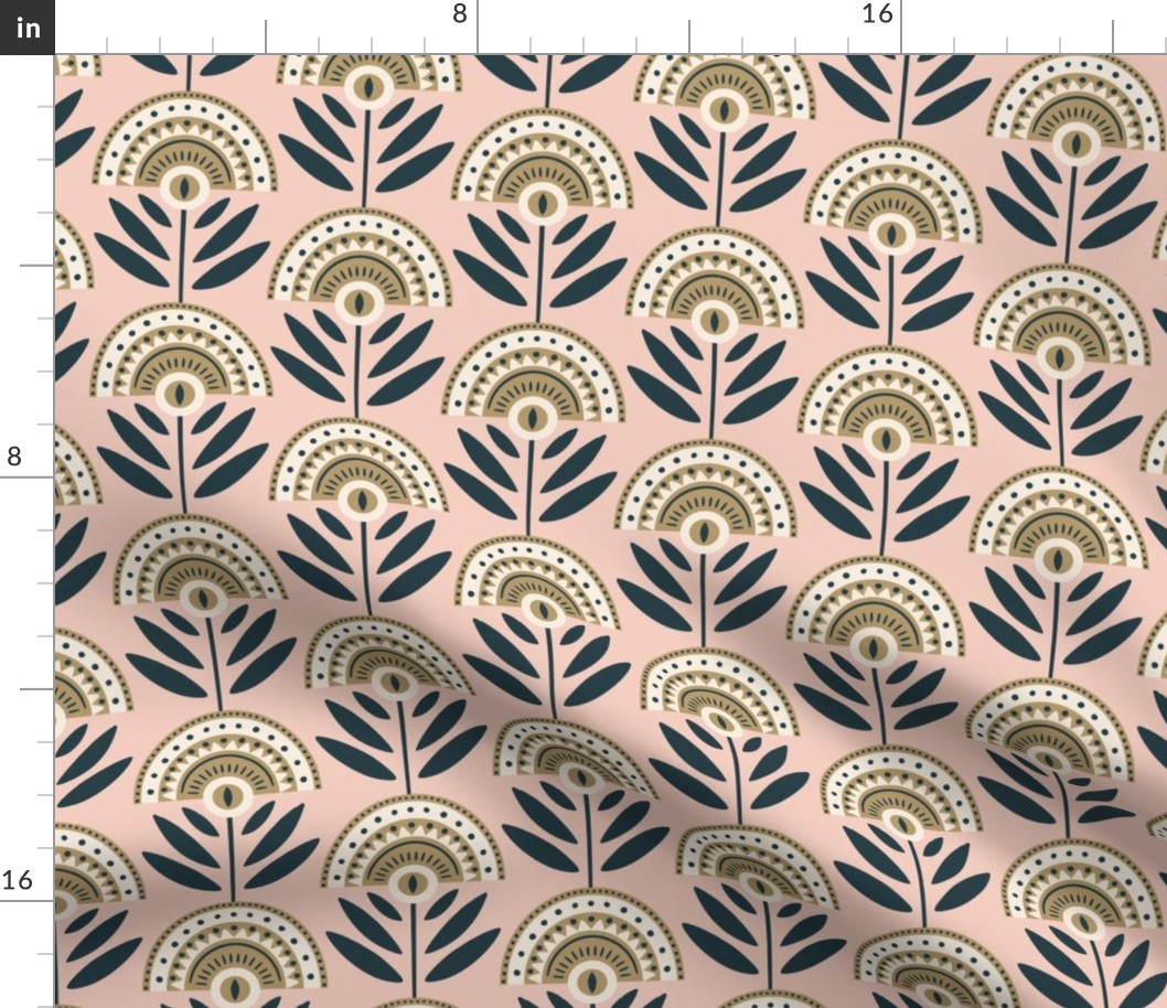 Bold Retro Floral | Medium Scale | Art Deco Blush Pink & Golden Brown Flowers