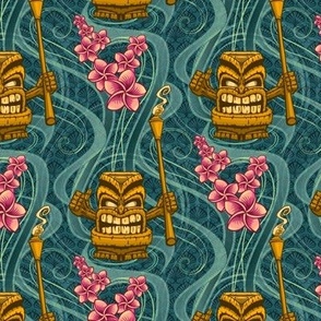 ★ TIKI NIGHT ★ Teal Green - Small Scale / Collection : Hawaiian Trip - Plumeria & Tiki for Aloha Shirt Prints
