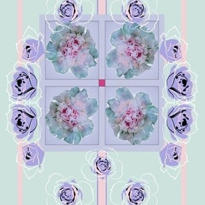 8x12-Inch Half-Drop Repeat of Lavender Roses with Soft Pink Stripes on Seaglass Background CDE1DD