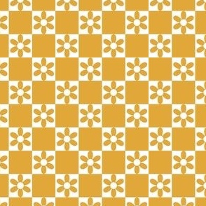 Smaller Scale - Daisy Crazy Checkerboard in Mustard Yellow Goldenrod + White