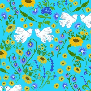 Maximalist Folk - turquoise - Doves and sunflowers 