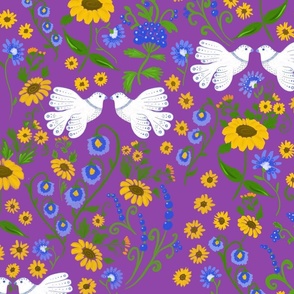 Maximalist Folk - purple - Doves and sunflowers 