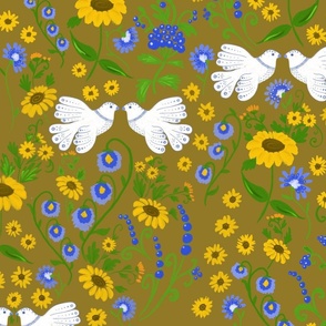 Maximalist Folk - golden brown - Doves and sunflowers