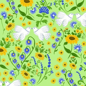 Maximalist Folk - green - Doves and sunflowers