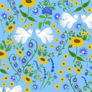 Maximalist Folk - blue - Doves and sunflowers