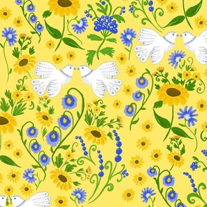 Maximalist folk- yellow - Doves and Sunflowers