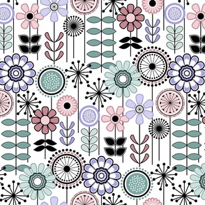 Mid Century Modern (MCM) Scandinavian Flower Field // Lilac, Cotton Candy, Seaglass, Lavender, Mauve Pink, Teal, Black and White // White Background // Small Scale - 500 DPI