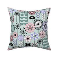 Mid Century Modern (MCM) Scandinavian Flower Field // Lilac, Cotton Candy, Seaglass, Lavender, Mauve Pink, Teal, Black and White // Seaglass Background // Small Scale - 500 DPI