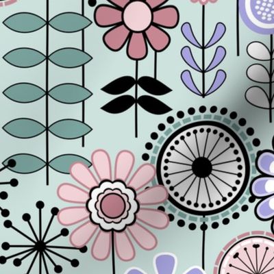 Mid Century Modern (MCM) Scandinavian Flower Field // Lilac, Cotton Candy, Seaglass, Lavender, Mauve Pink, Teal, Black and White // Seaglass Background // Small Scale - 500 DPI