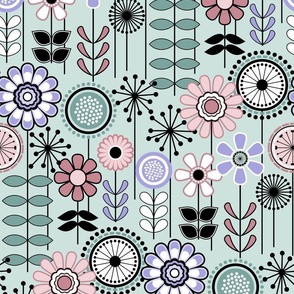 MCM Scandinavian Flower Field // Lilac, Cotton Candy, Seaglass, Lavender, Mauve Pink, Teal, Black and White // Seaglass Background // Small Scale - 500 DPI