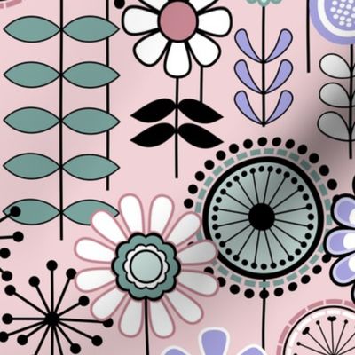 Mid Century Modern (MCM) Scandinavian Flower Field // Lilac, Cotton Candy, Seaglass, Lavender, Mauve Pink, Teal, Black and White // Cotton Candy Background // Small Scale - 500 DPI