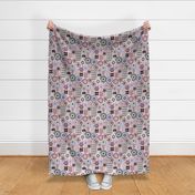 Mid Century Modern (MCM) Scandinavian Flower Field // Lilac, Cotton Candy, Seaglass, Lavender, Mauve Pink, Teal, Black and White // Cotton Candy Background // Small Scale - 500 DPI