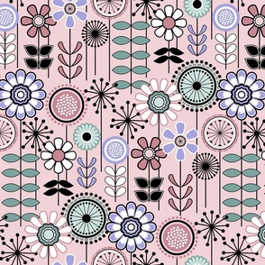 MCM Scandinavian Flower Field // Lilac, Cotton Candy, Seaglass, Lavender, Mauve Pink, Teal, Black and White // Cotton Candy Background // Small Scale - 500 DPI