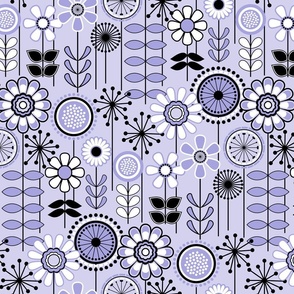 Mid Century Modern (MCM) Scandinavian Flower Field // Petals Coordinate Lilac, Lavender, Black and White // V1 // Small Scale - 500 DPI