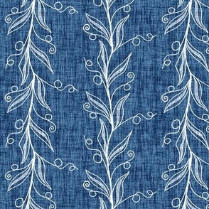 White Vine Stripes on Aegean Blue Woven Texture