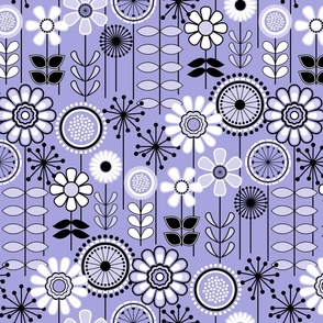 Mid Century Modern (MCM) Scandinavian Flower Field // Petals Coordinate Lilac, Lavender, Black and White // V2 // Small Scale - 500 DPI