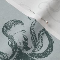 VINTAGE OCTOPUS - DEEP OCEAN TEAL ON DUSTY BLUE MULBERRY PAPER