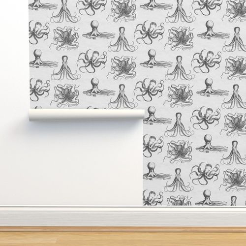 VINTAGE OCTOPUS - SEA MUD GRAY ON AGED Wallpaper | Spoonflower