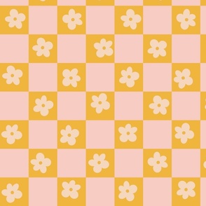 Retro Daisy Checkered Pattern - orange and pink