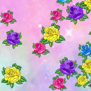 Tattoo style roses gradient purple pink green blue yellow Neo traditional maximalist roses filigree  gradient