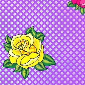 Purple lattice yellow pink blue neo traditional roses filigree 