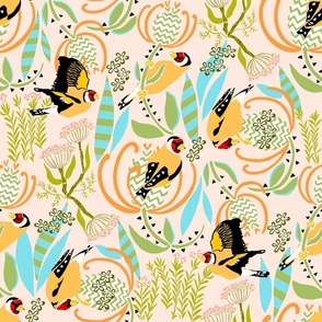 Birds on pastel weeds, goldfinch and thistle 