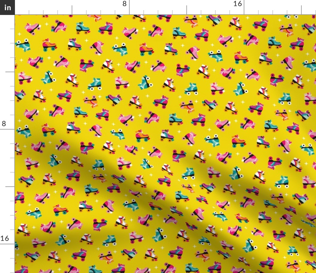 Roller disco retro roller skates design girls spots teal pink on mustard