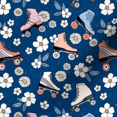 Bohemian lovers roller skates and flowers vintage nostalgia design pink blush on navy blue 