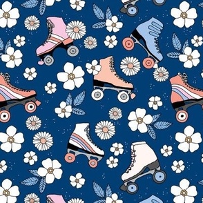 Bohemian lovers roller skates and flowers vintage nostalgia design pink blush on navy blue 