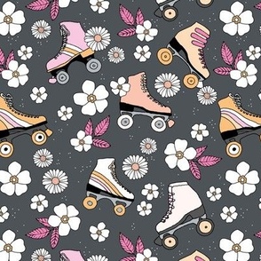 Bohemian lovers roller skates and flowers vintage nostalgia design pink blush on charcoal gray 