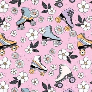 Roller skates and blossom sweet summer day playing outside boho sunshine kids design neutral vintage seventies pink brown blue white