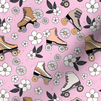 Roller skates and blossom sweet summer day playing outside boho sunshine kids design neutral vintage seventies pink brown white