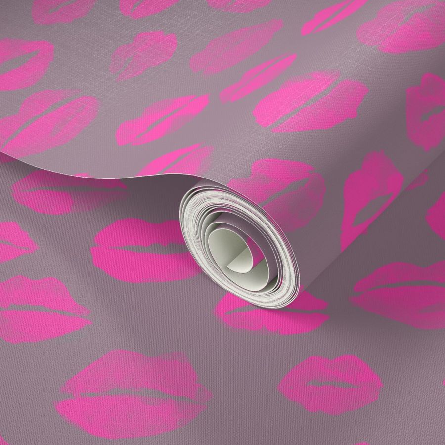 Lips Pop Art Pink Grey Medium Sized Pattern 