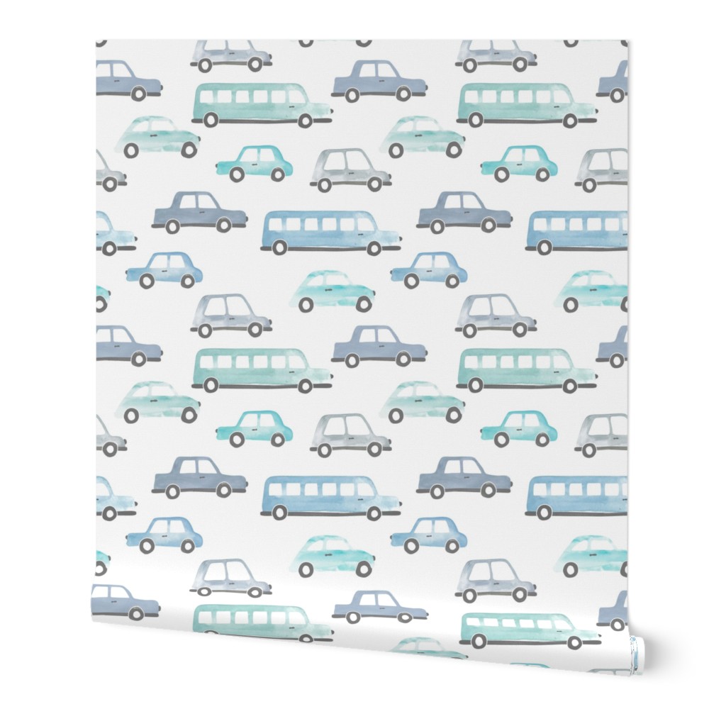Vintage watercolor traffic series cars busses and cool kids highway streets pastel blue gray green 02 