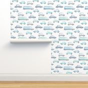 Vintage watercolor traffic series cars busses and cool kids highway streets pastel blue gray green 02 