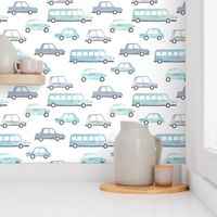 Vintage watercolor traffic series cars busses and cool kids highway streets pastel blue gray green 02 