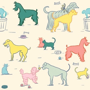 Retro illustration of dogs and cats playing, 