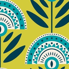 Bold Retro Floral | Large Scale | Chartreuse & Blue