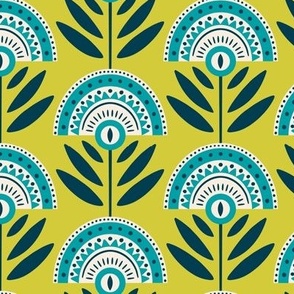 Bold Retro Floral | Medium Scale | Chartreuse & Blue Flowers